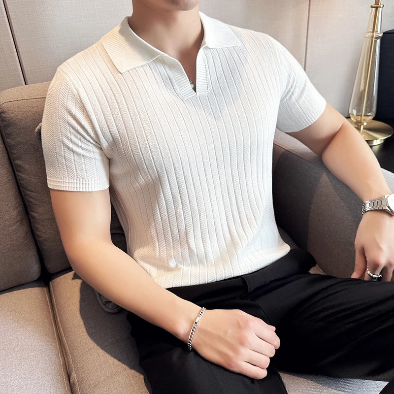 Men Striped Polo Shirt 2025 Summer Light Thin Breathable Solid Casual Elastic Slim Fit Short Sleeved V-neck T-shirt Men Clothing