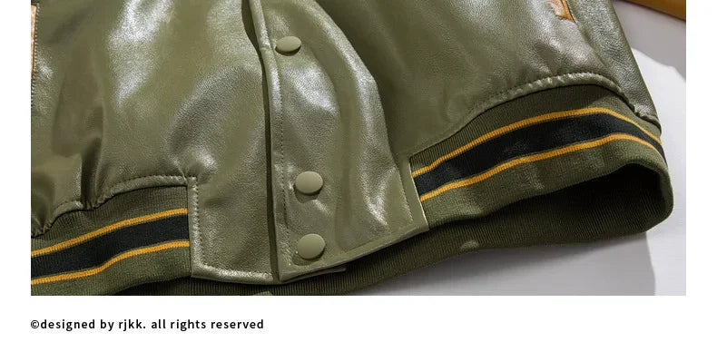 Men's High-end Feel Baseball Jacket New Spring Autumn Style Embroidered Fighter Pilot Pu Leather Patchwork Color Blocking Top