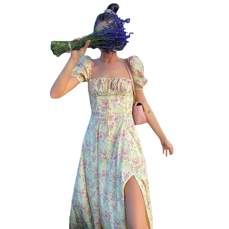 Elegant Women s Maxi Dress with Puff Sleeves Lace-Up Detail Floral Print and High Side Split for a Stylish Look