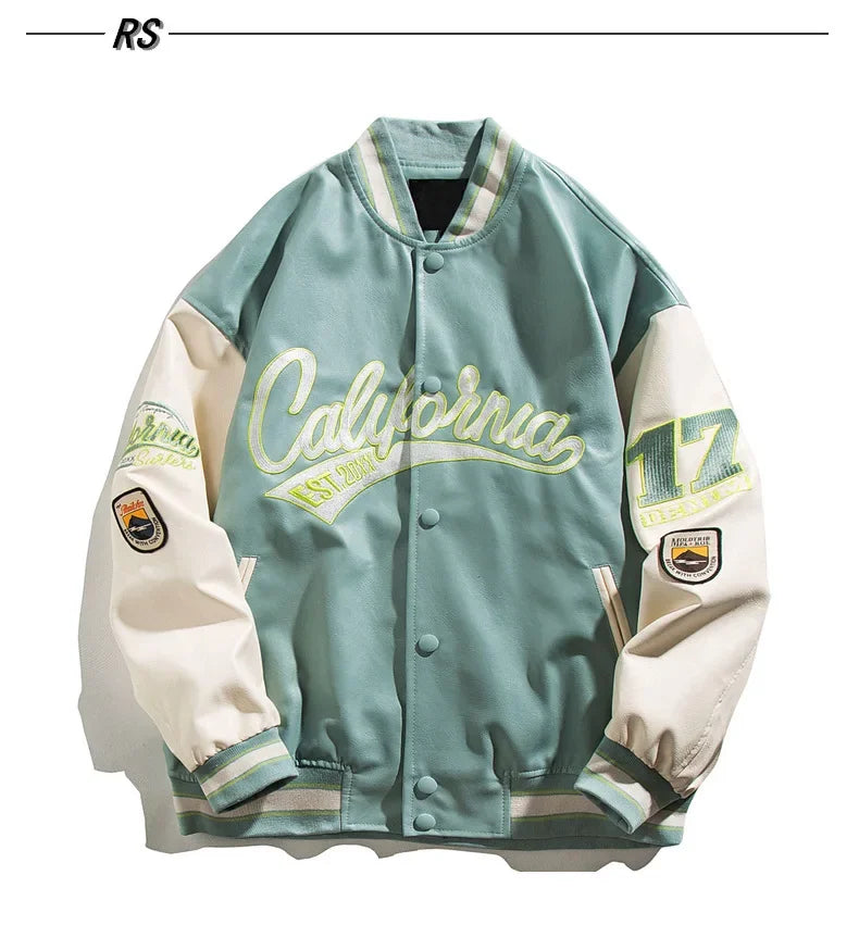 Men's High-end Feel Baseball Jacket New Spring Autumn Style Embroidered Fighter Pilot Pu Leather Patchwork Color Blocking Top