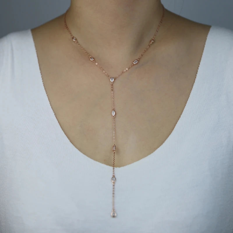 American Fashion Micro pave Water Drop Bezel Oval CZ Station Link Chain Long Sexy Ladies Y Lariat Necklace Collarbone Jewelry