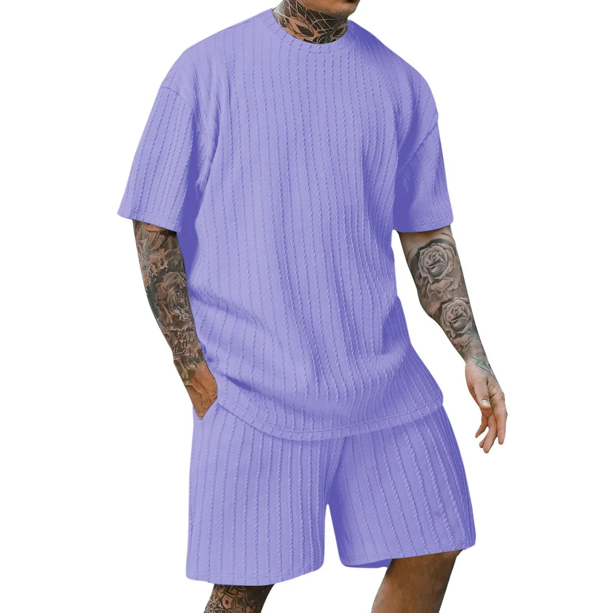 Men's new fashion summer sports solid color crew-neck vertical stripe T-shirt shorts short-sleeved suit Loose two-piece set