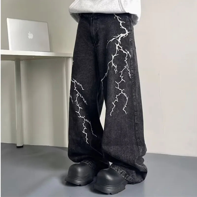 2024 Cyber Y2K Streetwear Embroidery Lightning Black Baggy Jeans Pants Men 90S Vintage Clothes Wide Leg Hip Hop Long Trousers