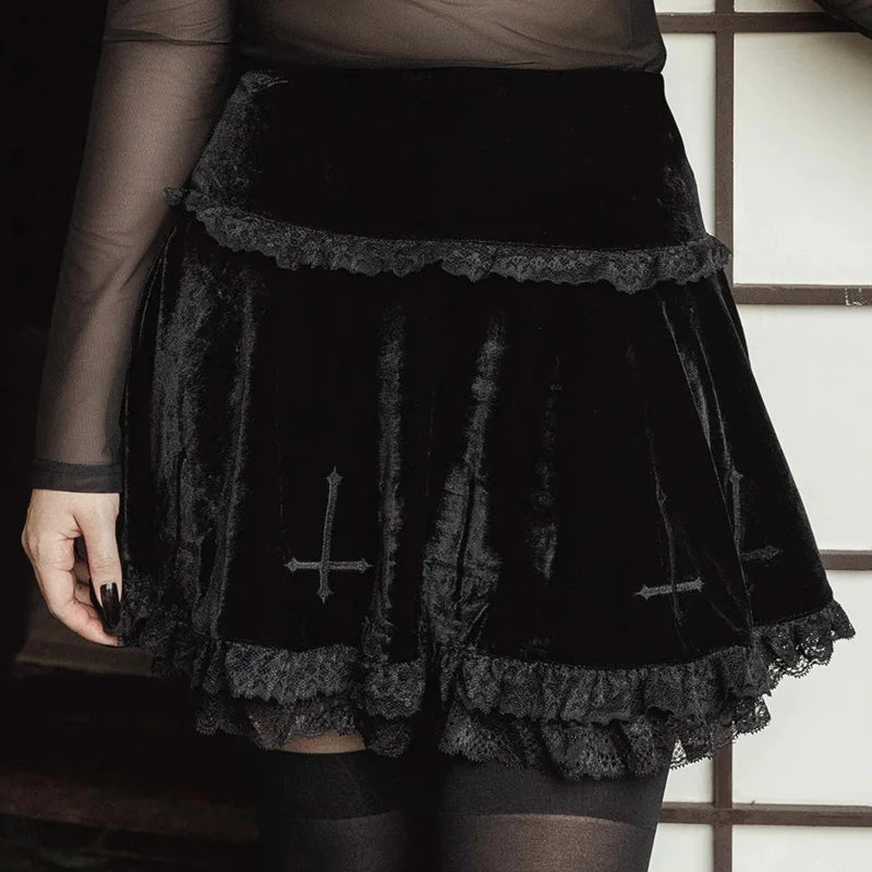 Goth Dark Mall Gothic Aesthetic Velvet Pleated Mini Skirts Women Vintage Harajuku Emo Alt Clothes High Waist Lace Ruffles Skirt