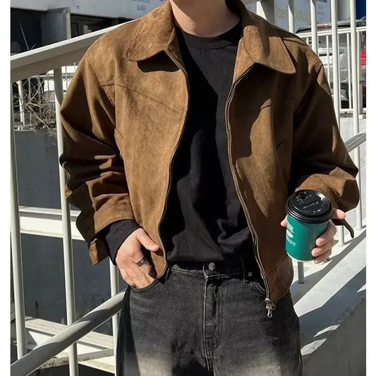 Retro High Street Suede Short Jacket Men Loose Stylish Motorcycle Collar Flight Casual Jacket Spring Autumn Fashionable Versatil