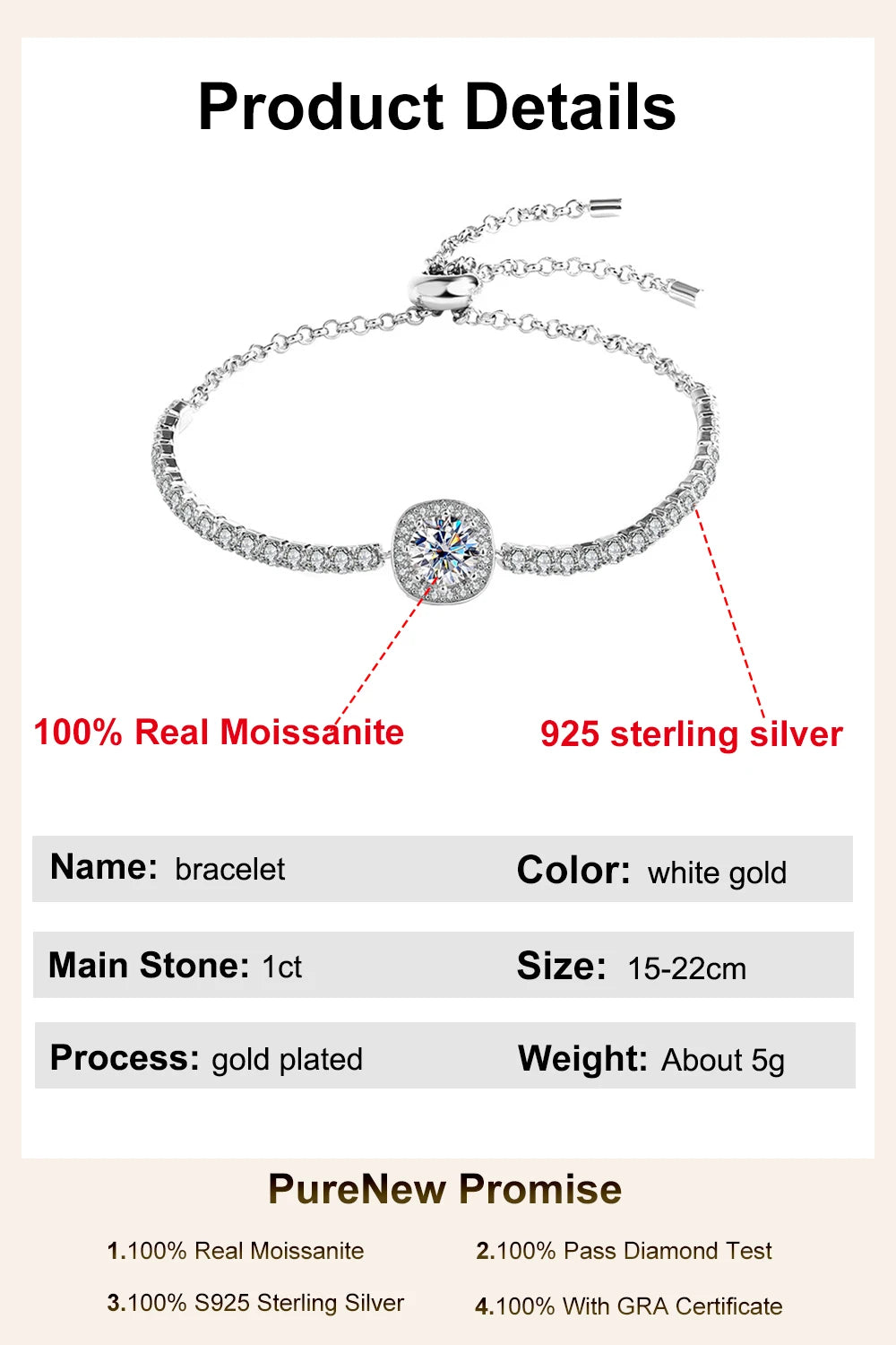 PureNew 1ct Moissanite Bracelets For Women Original 925 Sterling Silver Girly Lovely Lady's Elegant Moissanite Diamond Bracelet