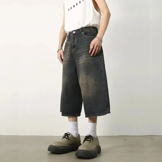 Retro Hong Kong Style Men's Loose Wide Leg Jeans Shorts Hip Hop Style Summer New Slimming Seven-Point Pants Trendy Casual Shorts