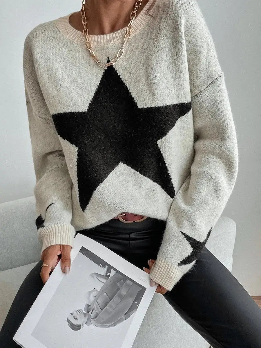 Star Sweater Pullover Women Autumn Spring Simple Knit Elastic Pullovers Jumper Casual Thick Warm Black White Basic Jumpers
