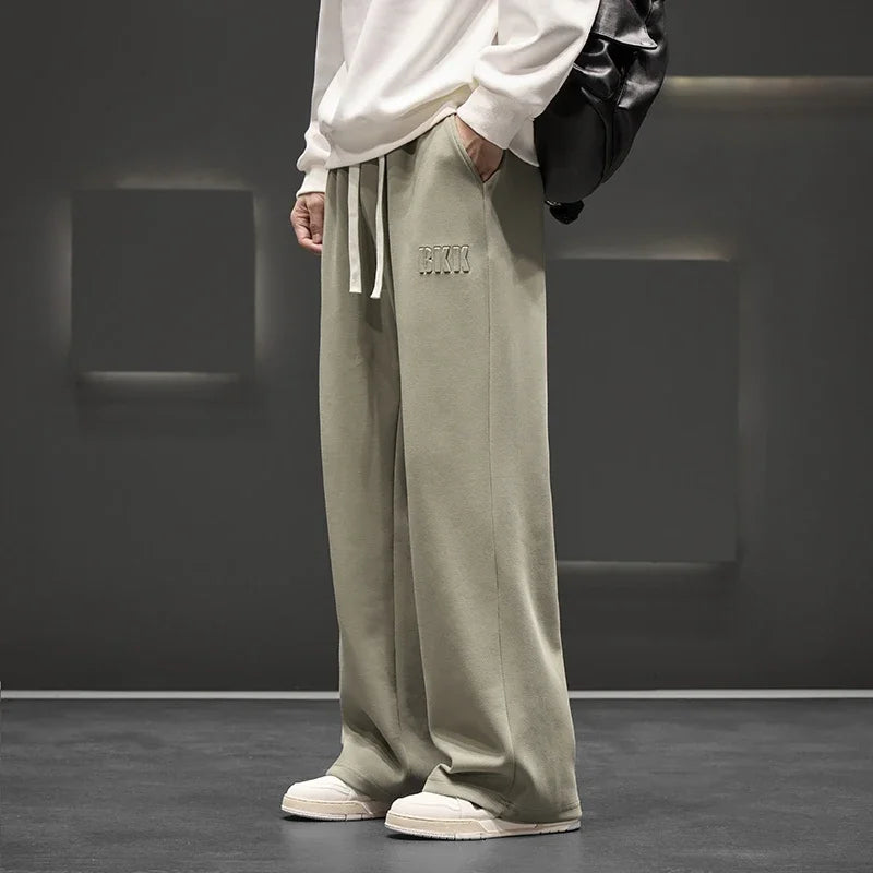 Autumn New Men Knitted Sports Pant Steel Stamp Printing Wide Leg Casual Trousers Straight Solid Lightweight Cotton Fabric Unisex
