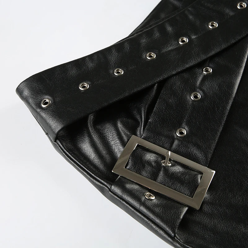 IAMSURE Dark Pu Leather Bodycon Skirt Sexy Slim Low-Waisted Super Mini Skirts Women 2024 Summer Fashion Streetwear Punk Style