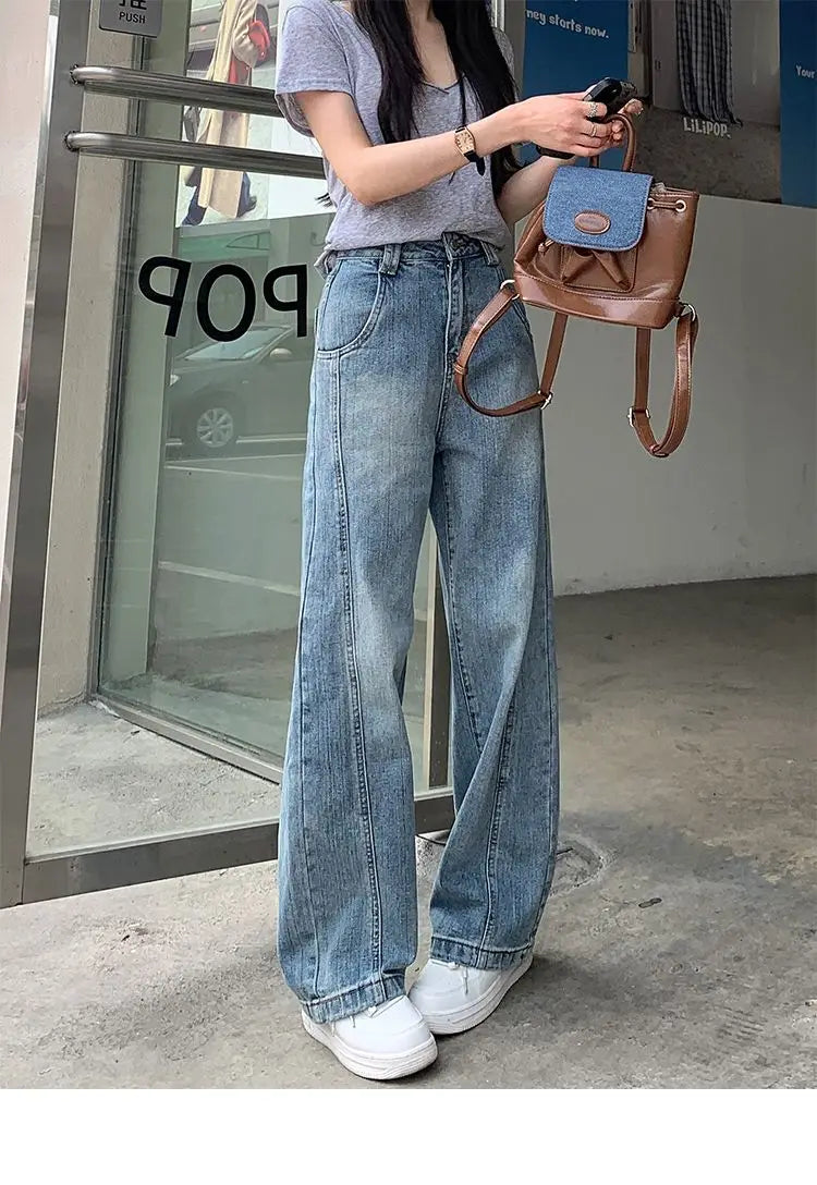 Vintage Baggy Jeans Womens' Loose-Fit Denim Pants Lightweight Bell Bottom Jean Retro Ladies' Denim Trousers Pockets Wide Pants