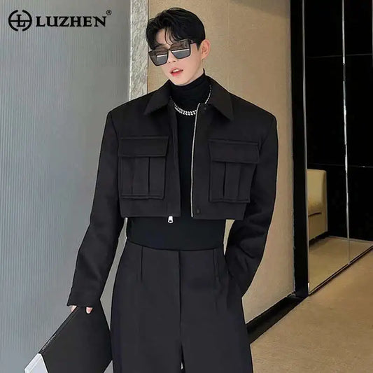 LUZHEN New Stylish Men's High Street Short Jacket Original Big Pocket Solid Color Elegant 2025 Spring Casual Trendy Coat Fbf31d