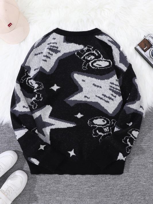 New Popular Spring & Fall Astronaut Star-Picking Jacquard Pattern Pullover Sweater Casual Round Neck Contrast Color Knitted Men'