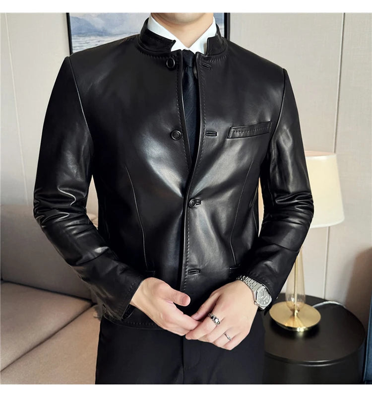 Autumn  Chinese Style Stand Up Collar Leather Jacket Men's Motorcycle Jackets High-end Casual Business Short PU Leather Coats
