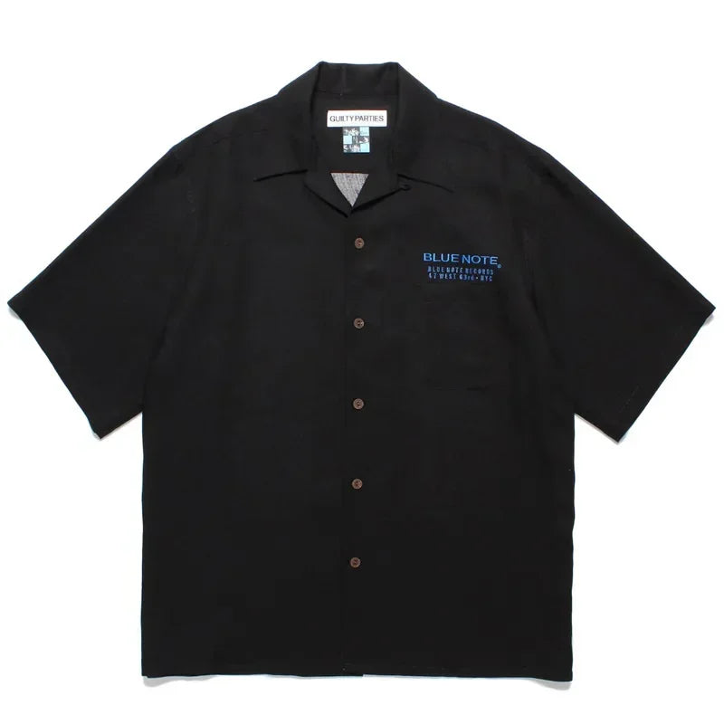 Summer Blue Letters Embroidery WACKO MARIA Shirts Men Women Graphics Print Hawaiian Short Sleeve Tee Casual Fashion Beach Shirt