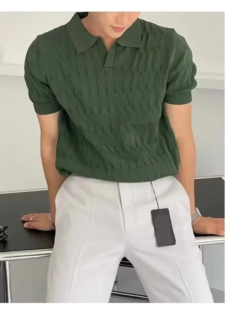 Summer New Light Maturity Knitted Polo Shirt Men's Korean Style Slim Fit Collar Pure Color Casual T-Shirt Cross-Border