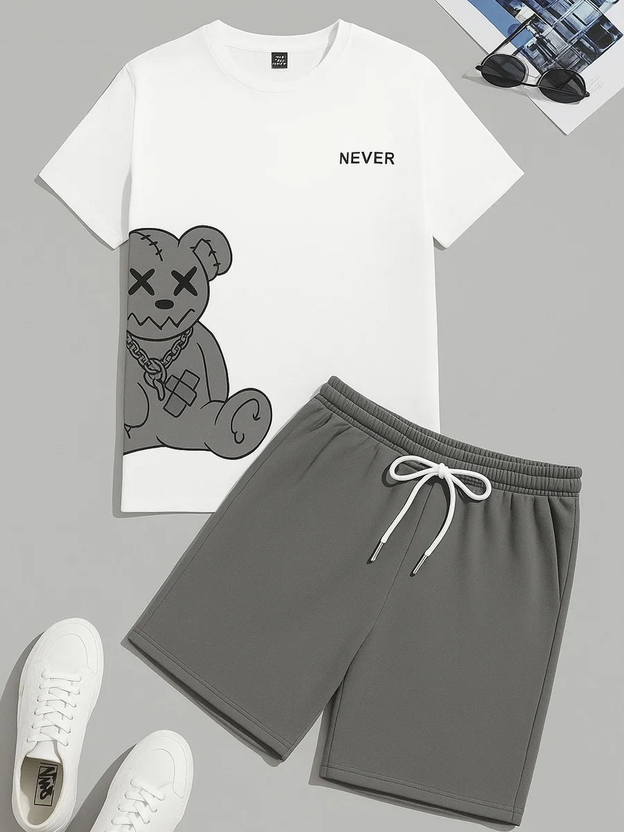 2025 Summer New Men's Creative Cartoon 2d Pattern Short Sleeve Cotton T-Shirt And Drawstring Shorts Two Piece Set Unisex T-Shirt