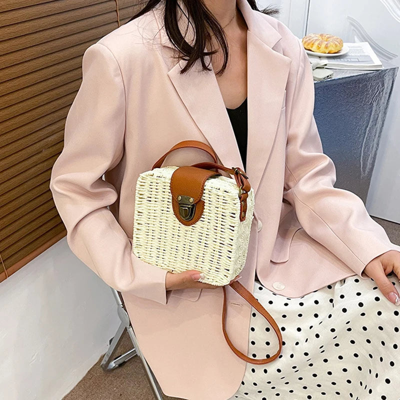 Hand-woven Women Straw Bag Ladies Shoulder Bags Beach Travel Crossbody Bag Female Small Rattan Box Handbag Shopper Totes Bohemia