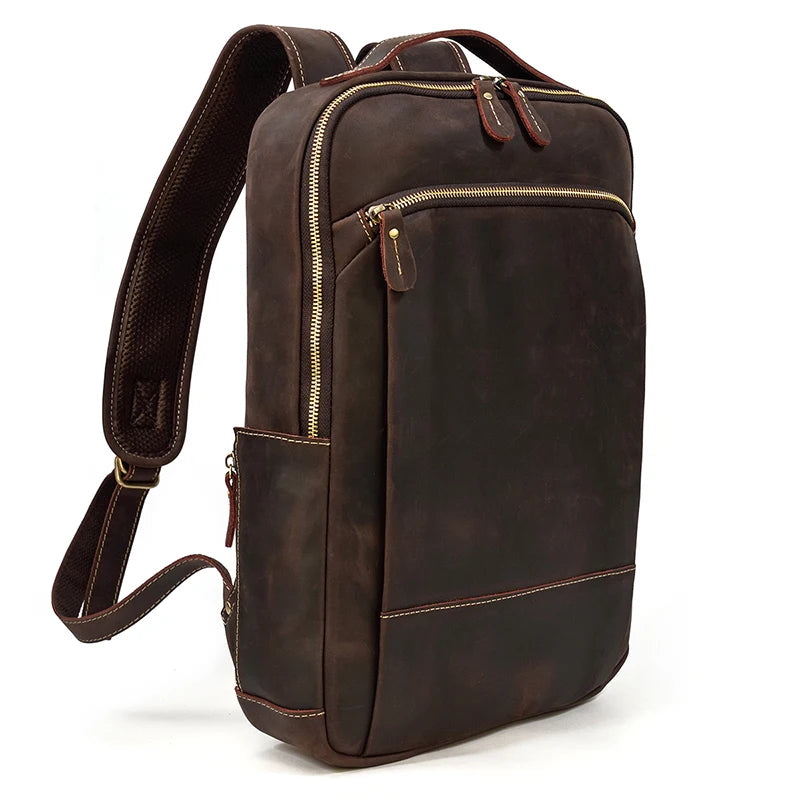 Vintage Travel Backpack leather double zipper bagpack male crazy horse leather backpack handmade leather travel bag men bag