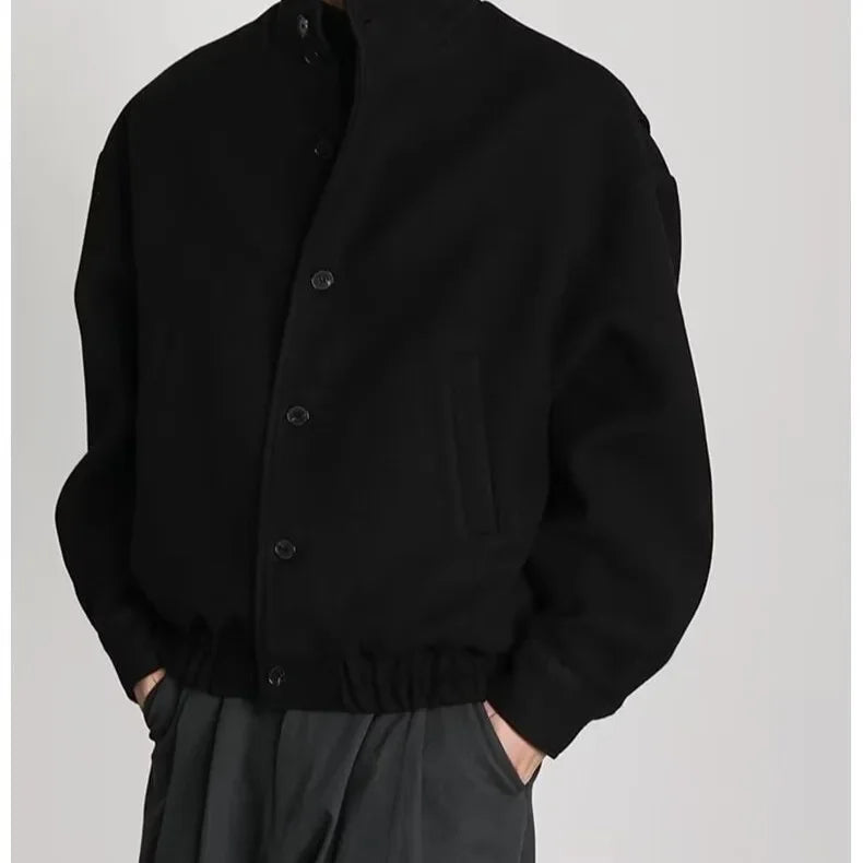 Autumn Winter Men's Fashion Stand Collar Jacket Woolen Coat British Style Baseball Design Workwear Thin Model Summer Suitable