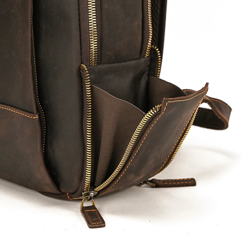 Vintage Travel Backpack leather double zipper bagpack male crazy horse leather backpack handmade leather travel bag men bag