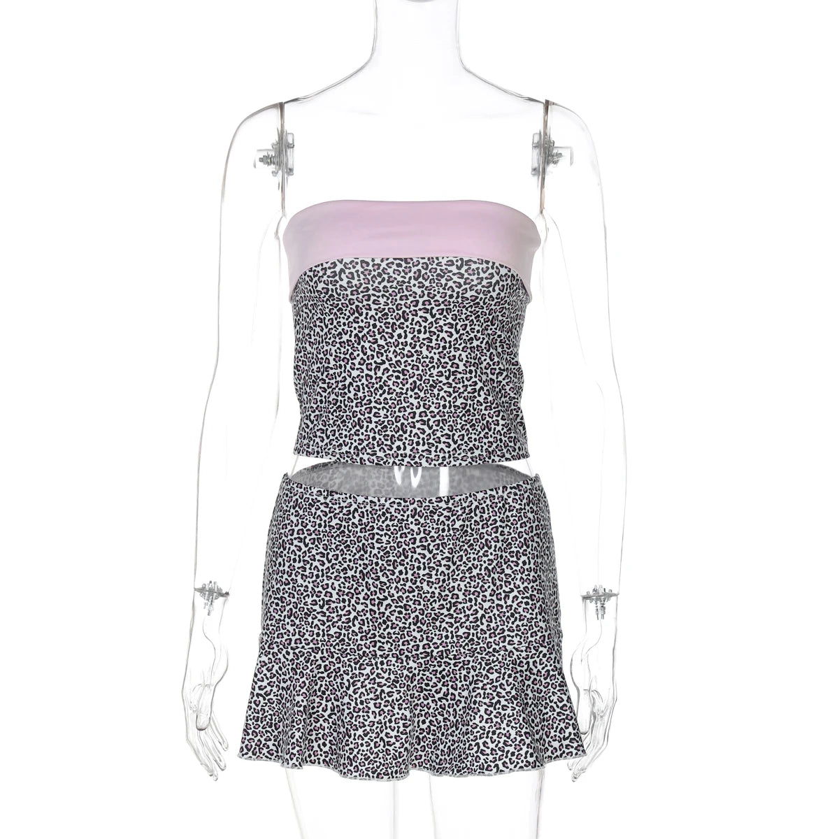 Dulzura Leopard Sexy Elegant Casual 2 Piece Skirt Set Chest Wrapping Patchwork Tank Top Short Skirt Matching Set Party Clubwear
