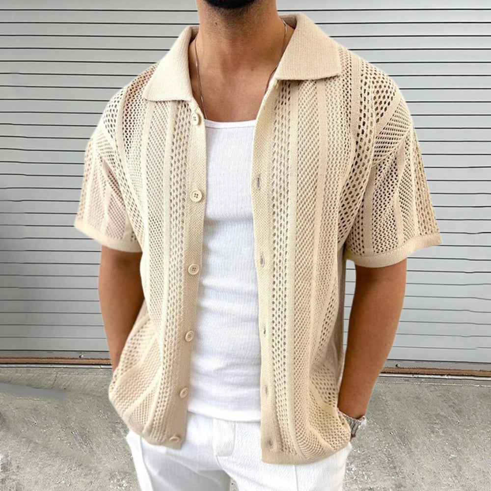 Summer Thin Men's Knitted Hollow Cardigan Short-Sleeved Shirt Retro Fashion Trend Casual Simple Loose Breathable Men's Tops