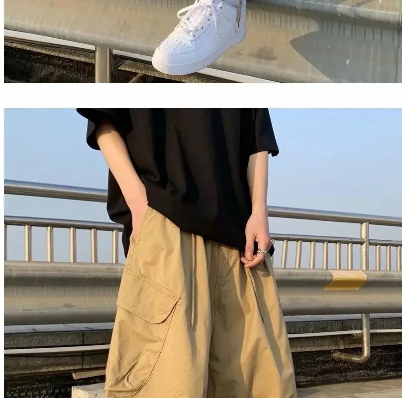 Khaki 7-point Men Summer Thin Japanese Workwear Wide-leg Loose Over-knee Shorts