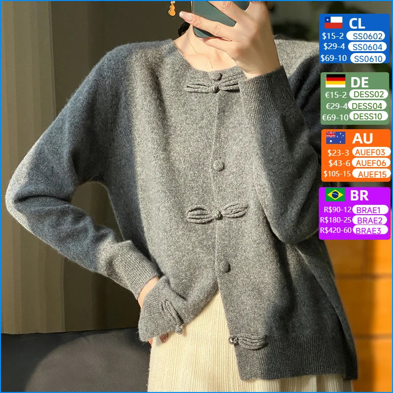 Women New Fashion Autumn Winter 100% Merino Wool Sweater O-neck Chinese Style Buckle Cardigan Soft Knitwear Female Clothing Tops