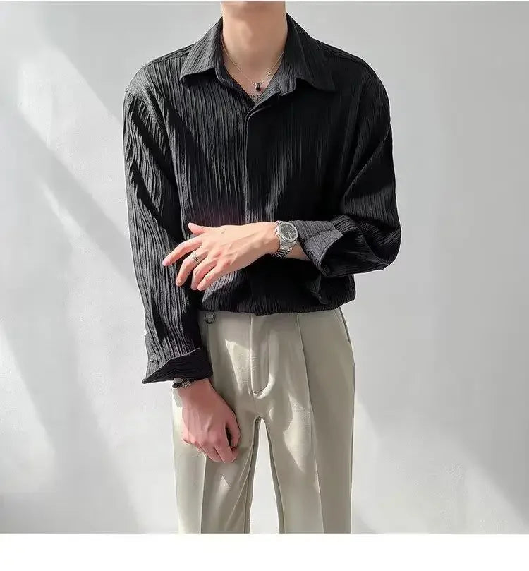 Trendy Stylish Striped No-iron Shirt Autumn Texture Top Korean Version Loose-fit Casual Long Sleeves Shirt For Men