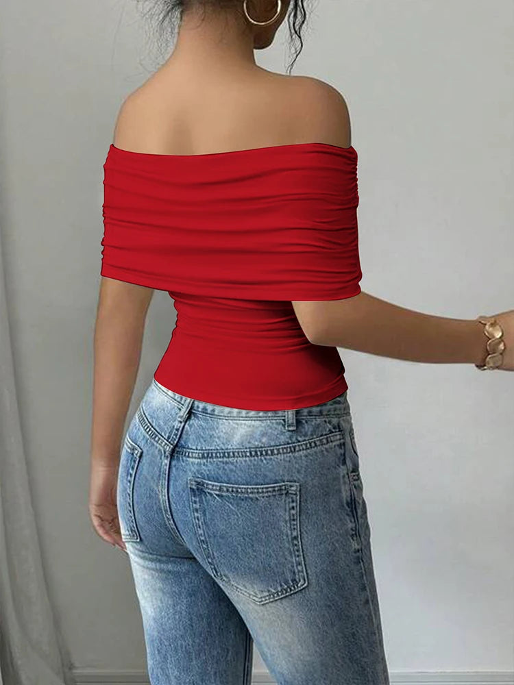Women New T-shirt Summer Fashion Slash Neck Streetwear Casual Slim Versatile Tees Solid Sexy Off Shoulder Elegant Lady Clothing