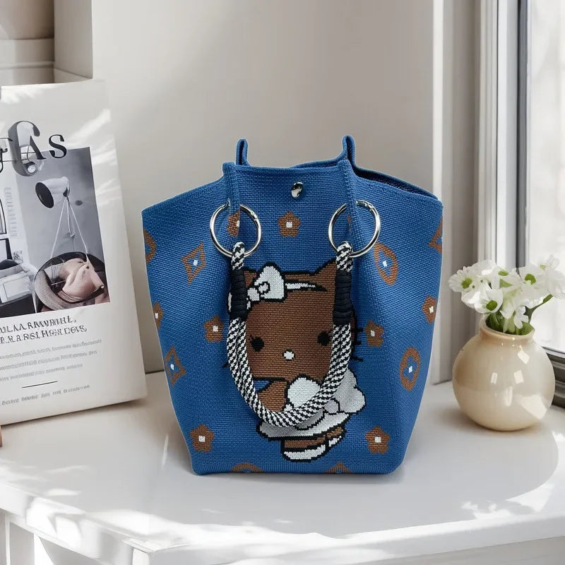 Cute Cat Design Large Capacity Portable Tote Bag Casual Versatile Commuter Bucket Bag Polyester Fiber Handbag from Mainland Chin