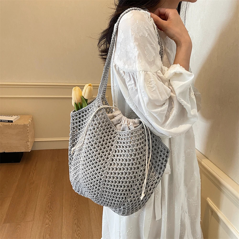 2025 Latest Summer Beach Straw Woven Tote Bag For Women 2-IN-1 Hollow-out Lightweight Large Capacity Shopper Shoulder Bag Female
