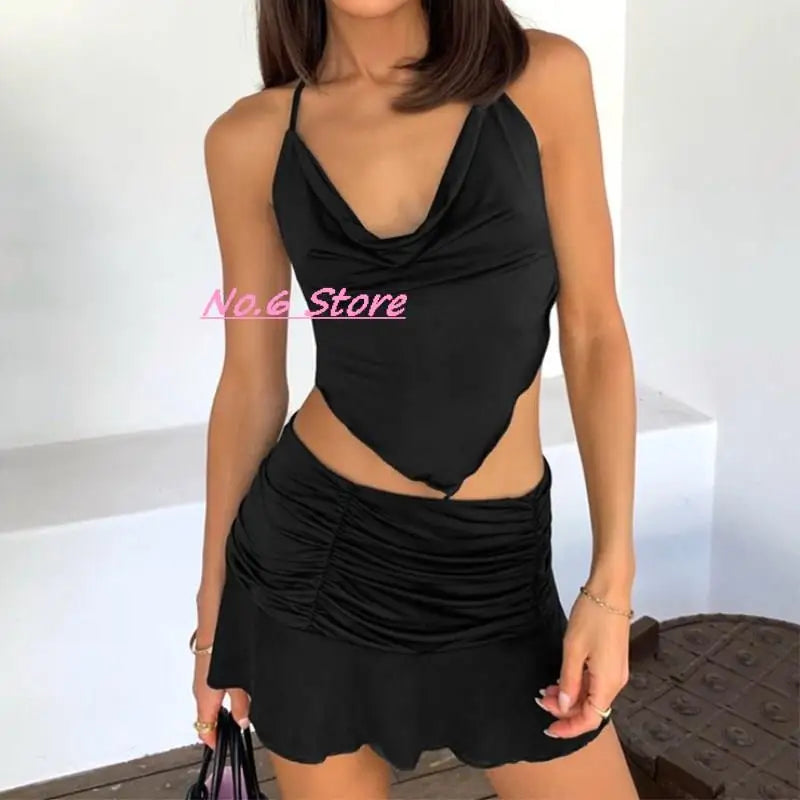 2022 Sexy Two-piece Solid Color Mini Skirt Female Sexy V-neck Crop Top + Elastic Waist Short Skirt Suit Harajuku Y2k Summer Suit