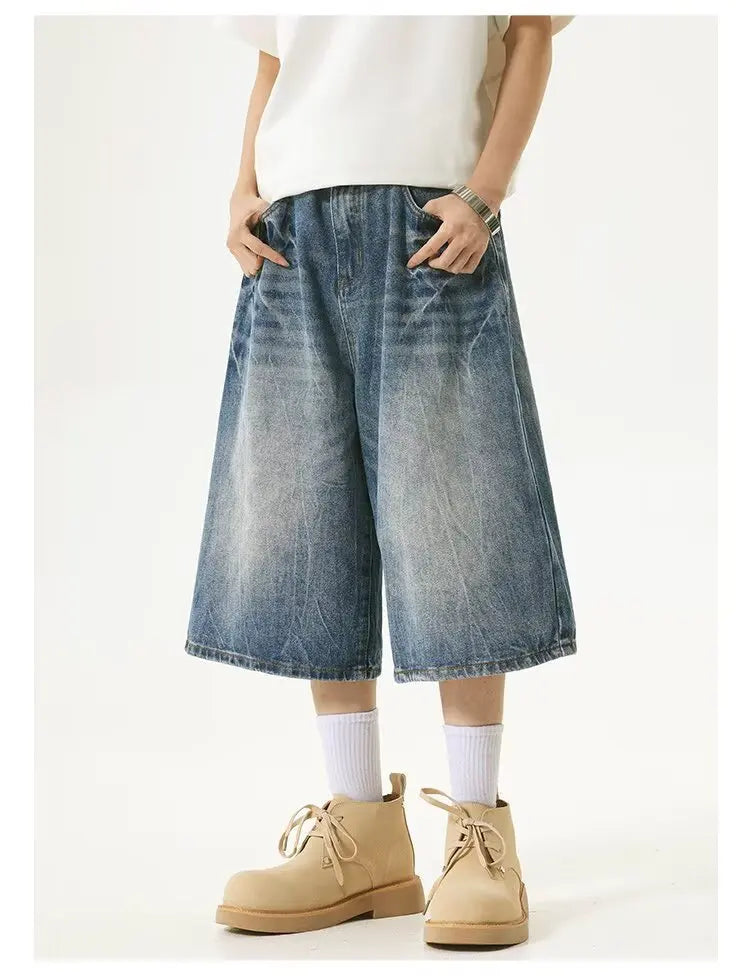 American High Street Lightning Jeans Men's Straight Leg Wide Leg Hip Hop Cool Retro American Seven-Foot Blue Shorts