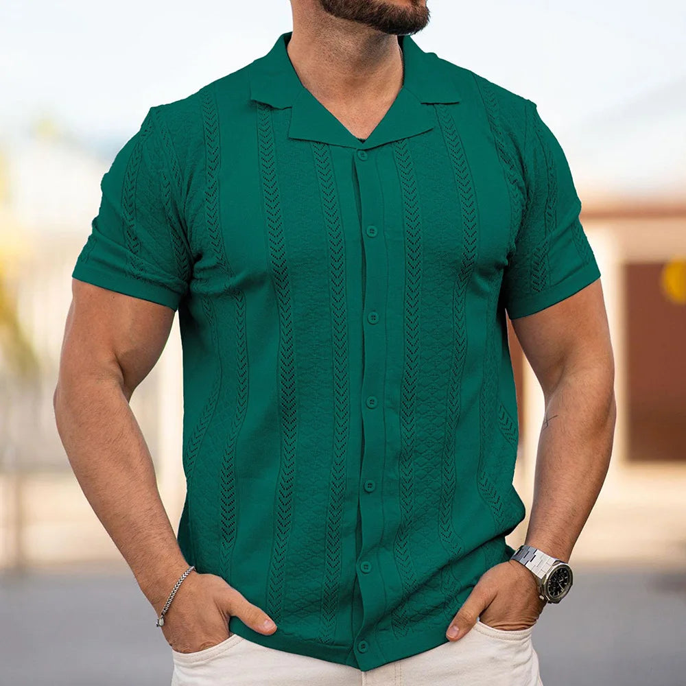 2025 Summer Men's Striped Hollow Solid Color Short Sleeve Knitted POLO Shirt Retro Casual Fashion Trend Simple Loose Men's Tops