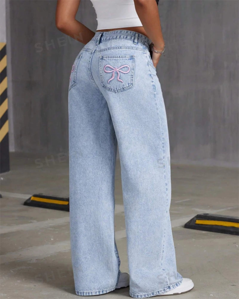 Women Wide Leg Boyfriend Jeans Straight Hip Hop Bow Embroidery Denim Pants Low Waist Baggy Jeans Casual Loose Jeans Streetwear