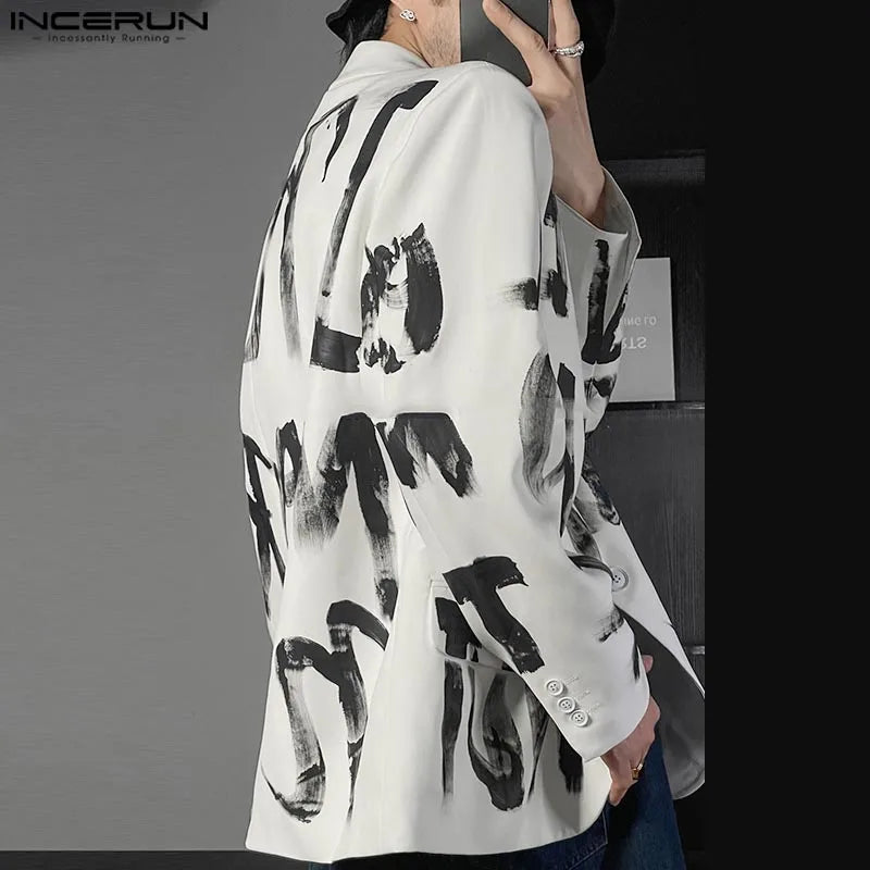 Fashion Casual Style Tops INCERUN Handsome Men's Art Hand-painted Letter Suit Coat Streetwear Male All-match Long Sleeved Blazer