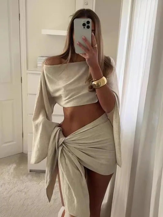 White Elegant Women Summer Vacation Cotton Linen Crop Top 2 Piece Set Fashion White Mini Skirt Suits New Lady Beach Outfits