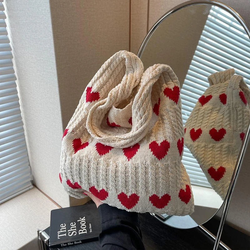 Women Knitted Bag Woven Love Heart  Pattern Wool Portable Shoulder Bag Shopping Bags Workers Students Daily Commuter Bags