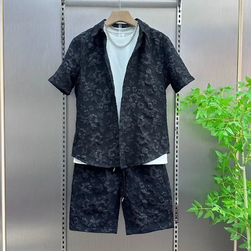 Summer New Relief Couple Thin Casual Two-piece Suit Men's Lapel Shirt Short Sleeve Trendy Shorts Comfortable Skin-friendly
