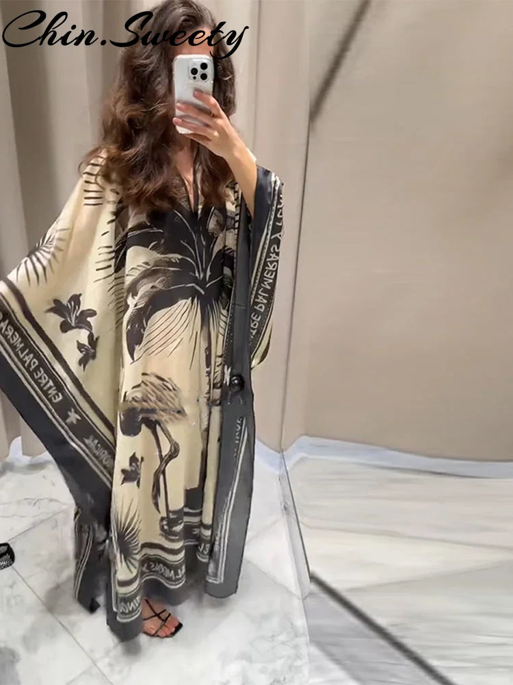 Fashion Print Pleated Long Dresses Women Party O-neck Full Sleeve Female Holiday Dresses 2025 Summer Lady Elegant  Robes