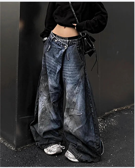 Blue Womens Jeans High Waist Vintage Design Hip Hop Straight Baggy Denim Pants Street Y2K American Style Wide Leg Denim Trouser