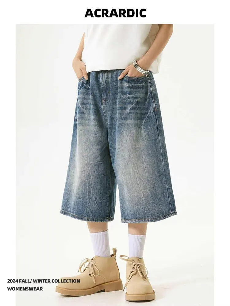 American High Street Lightning Jeans Men's Straight Leg Wide Leg Hip Hop Cool Retro American Seven-Foot Blue Shorts
