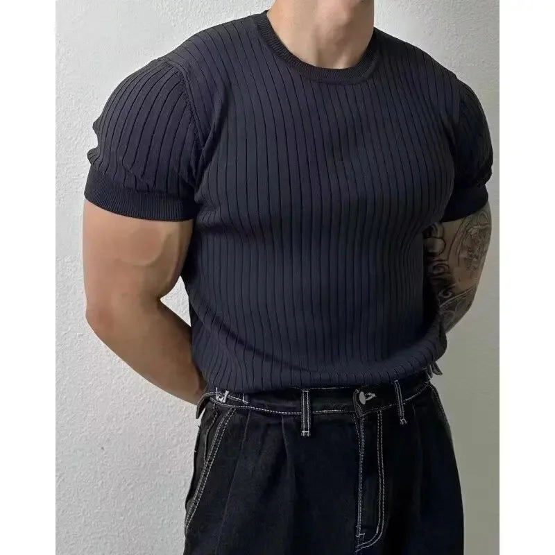 Summer New Light Maturity Knitted Polo Shirt Men's Korean Style Slim Fit Collar Pure Color Casual T-Shirt Cross-Border