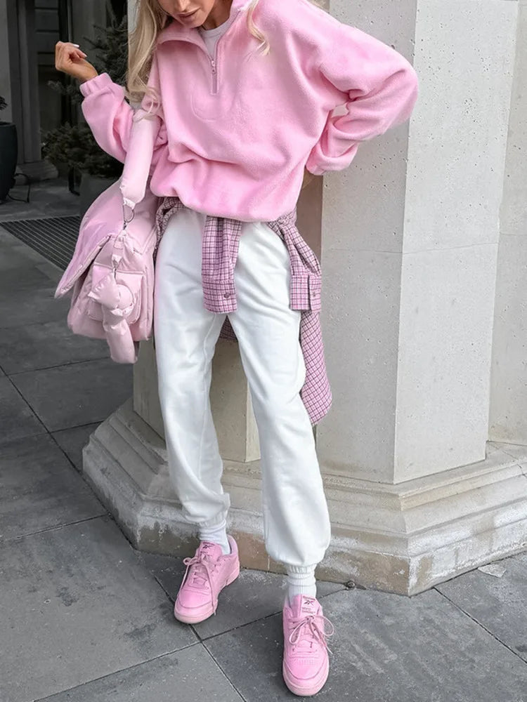 UCXQ Fashion Pullover Sweatshirt European Style Solid Color Long Sleeve All Match Loose Casual Top Women 2025 Spring Autumn 1497