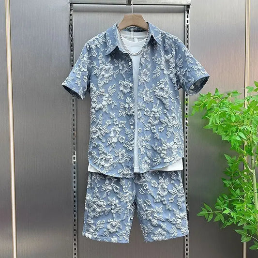 Summer New Relief Couple Thin Casual Two-piece Suit Men's Lapel Shirt Short Sleeve Trendy Shorts Comfortable Skin-friendly