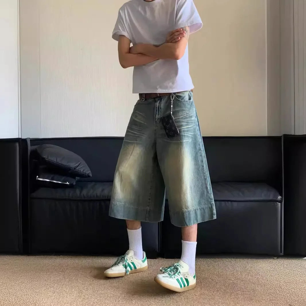 2024 Summer New Style Vintage Wide-leg Jeans 7-point Straight Leg Denim Mid-length Shorts For Men American Retro Loose Fit