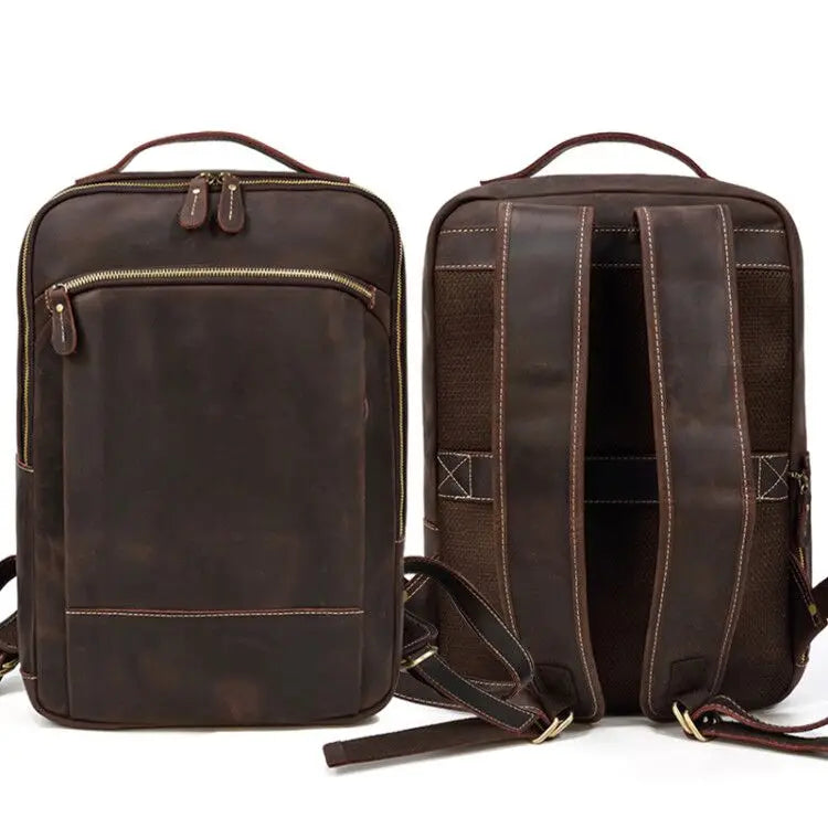 Vintage Travel Backpack leather double zipper bagpack male crazy horse leather backpack handmade leather travel bag men bag