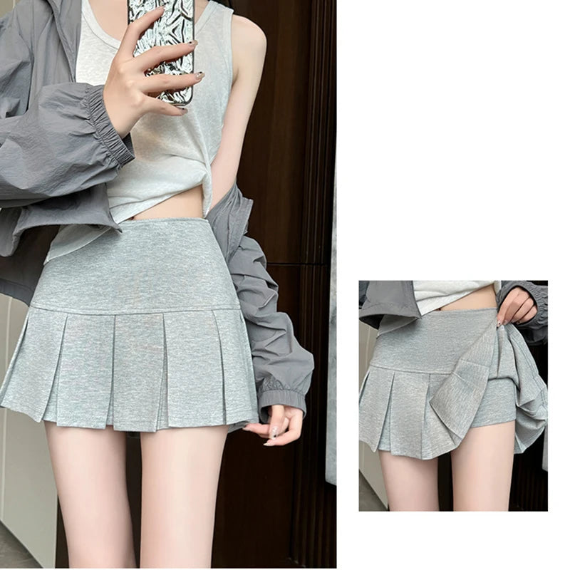 Korean Pleated Mini Skirt Women Summer 2025 New High Waist Wide Pleat Light Grey Sexy Vintage A-Line Pleated Skirt Casual Skort
